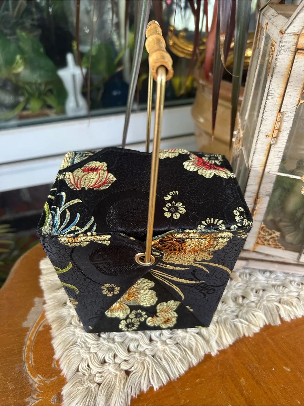 Vintage Chinese Takeout Bag w Bamboo & Brass Handle